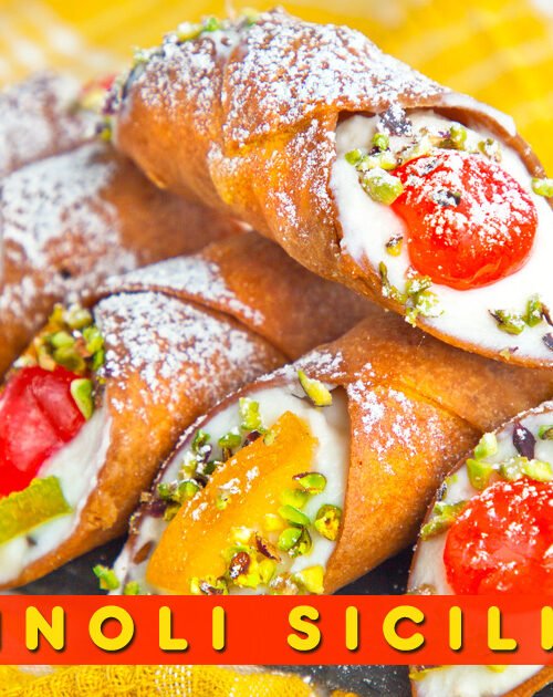 Cannoli Siciliani croccanti ripieni di ricotta e decorati con canditi