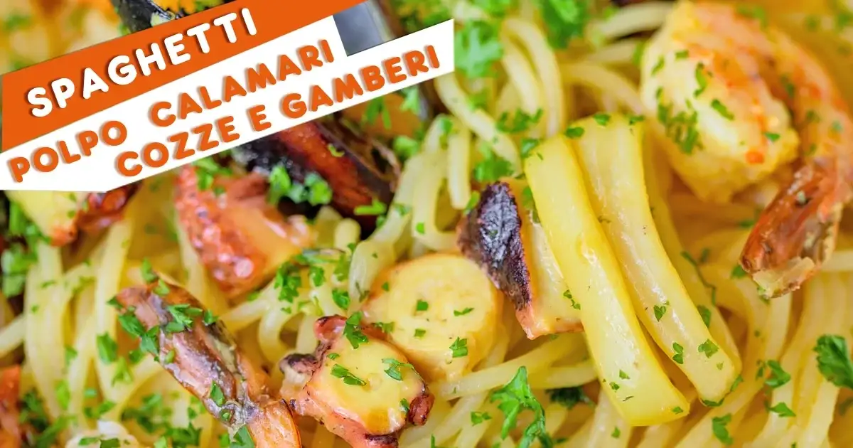 Spaghetti ai Frutti di Mare squisiti con polpo tenero, cozze fresche e gamberi succosi