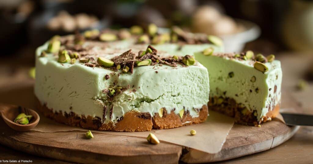 Torta gelato al pistacchio cremosa su base di biscotti, dolce estivo fatto in casa