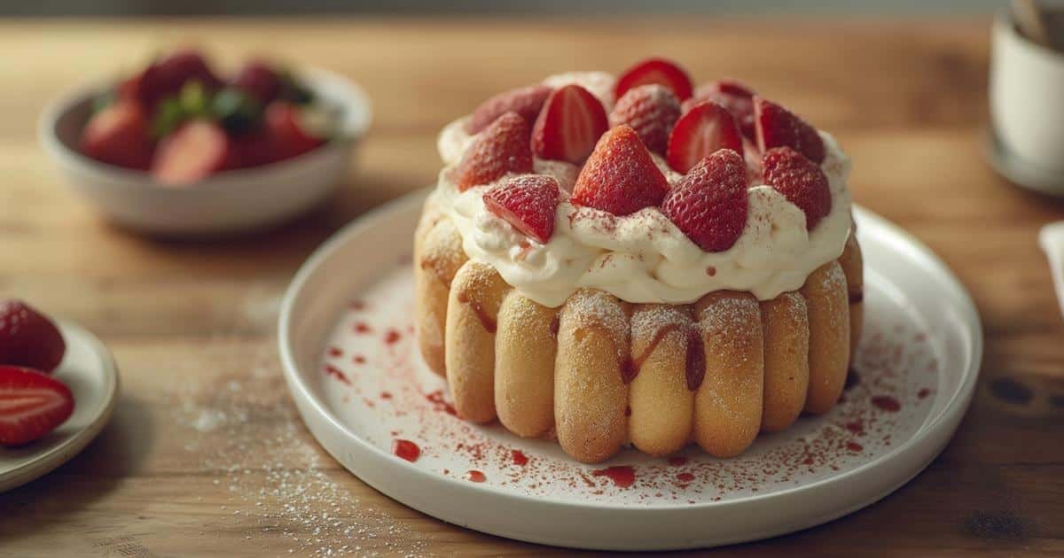 charlotte alle fragole con savoiardi e fragole fresche su piatto elegante