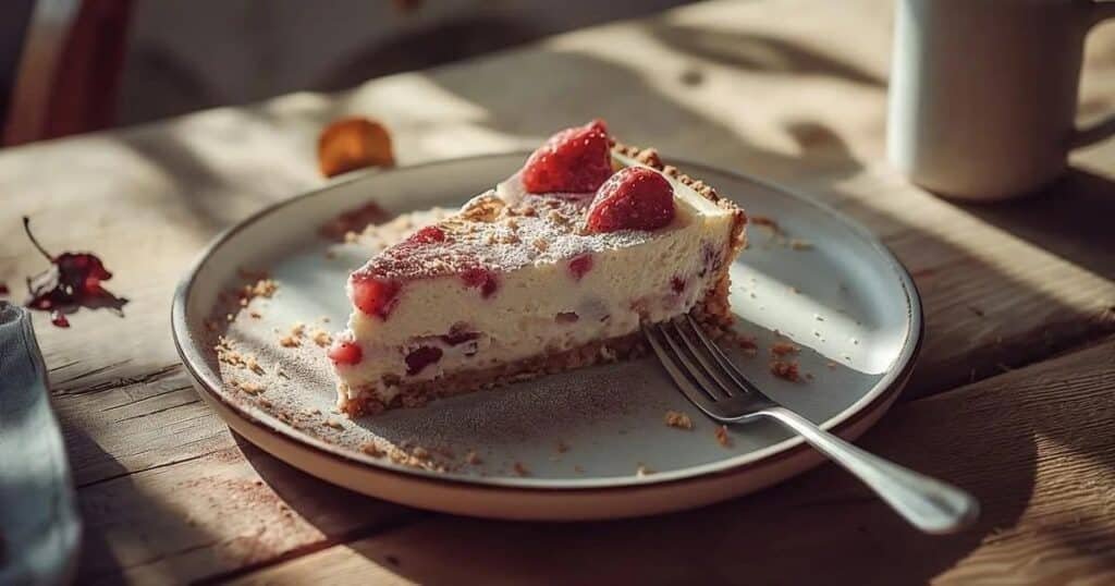 cheesecake alle fragole senza cottura su piatto rustico con fragole fresche
