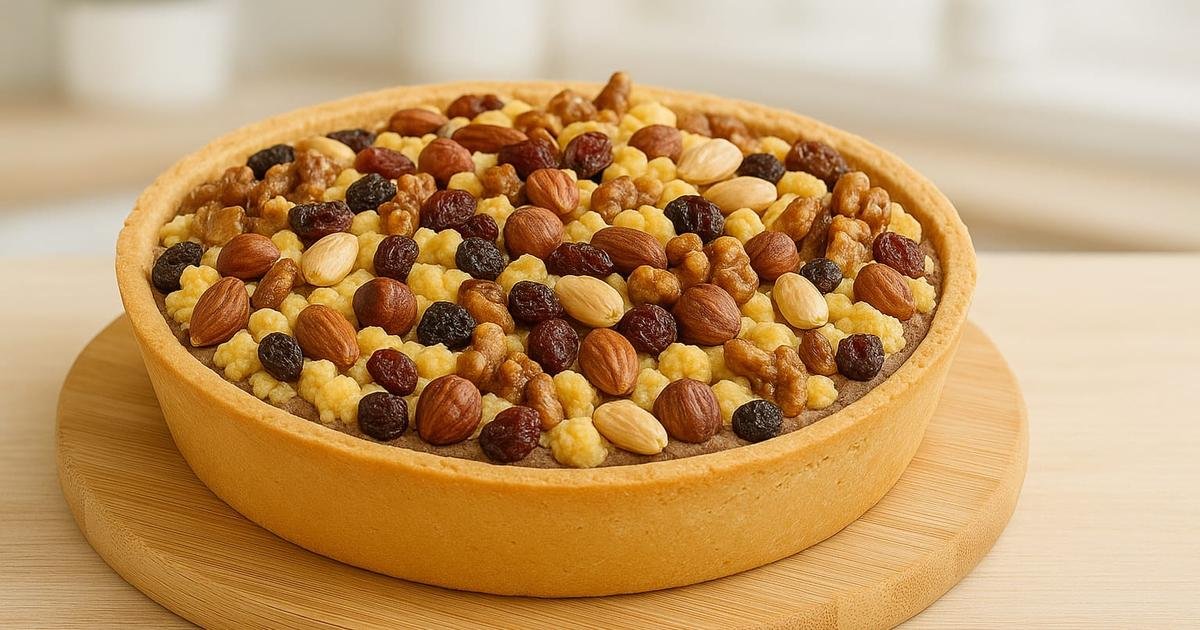 Crostata al cioccolato e frutta secca decorata con frutta secca mista su tavolo rustico