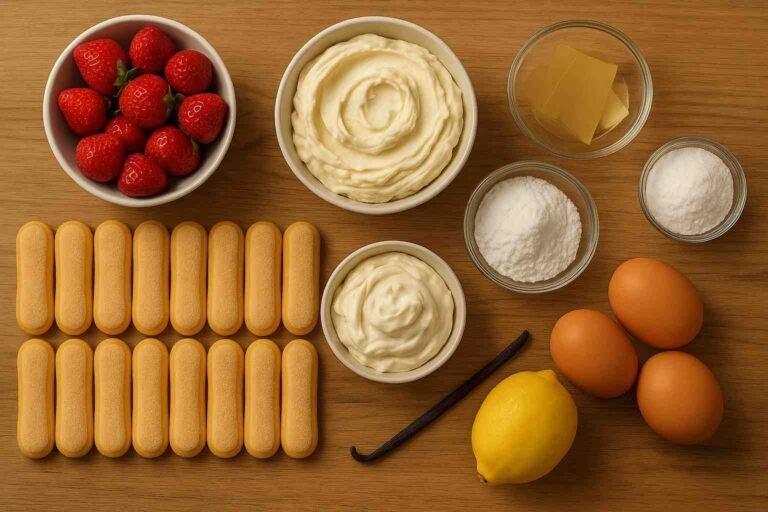 Ingredienti per charlotte alle fragole con savoiardi, fragole fresche, mascarpone, panna, uova, limone e zucchero