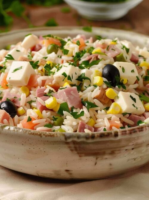 Insalata di riso classica con prosciutto cotto, formaggio, olive, mais, piselli e prezzemolo