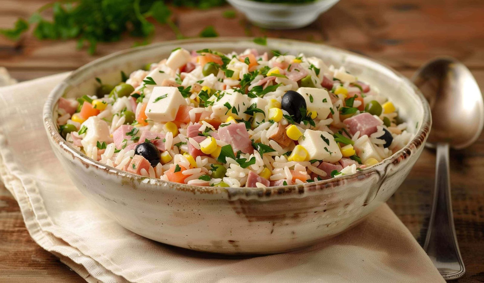 Insalata di riso classica con prosciutto cotto, formaggio, olive, mais, piselli e prezzemolo