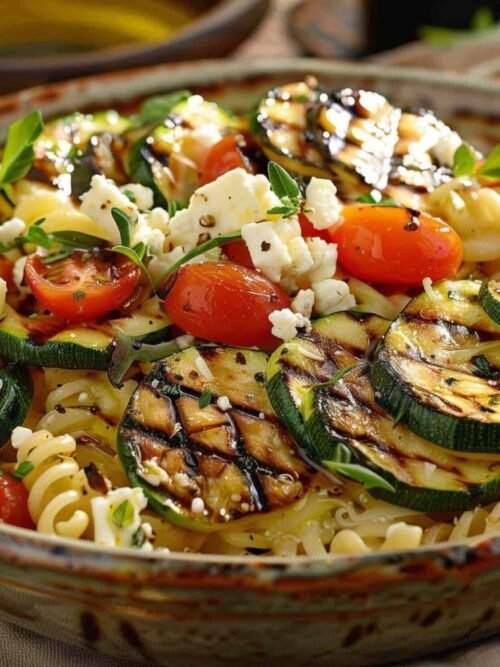 Pasta fredda con zucchine e feta servita con pomodorini e formaggio su sfondo rustico
