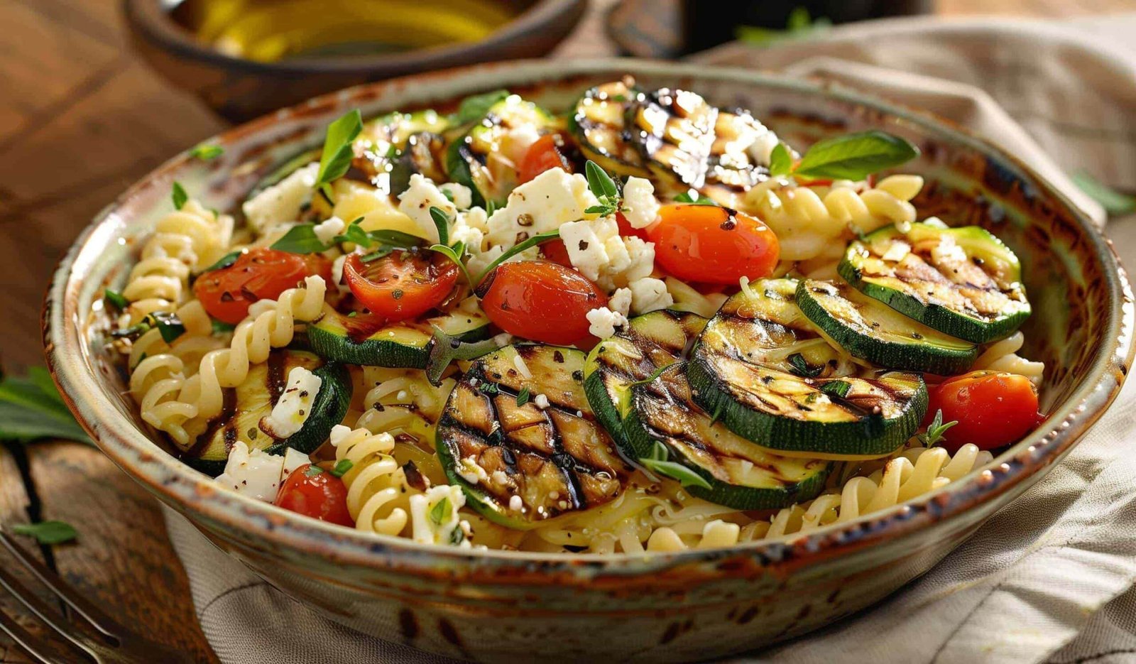 Pasta fredda con zucchine e feta servita con pomodorini e formaggio su sfondo rustico