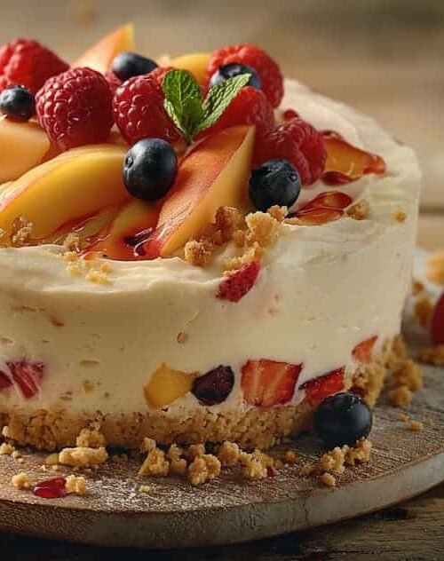 Torta estiva senza cottura decorata con frutta fresca estiva su base biscotto