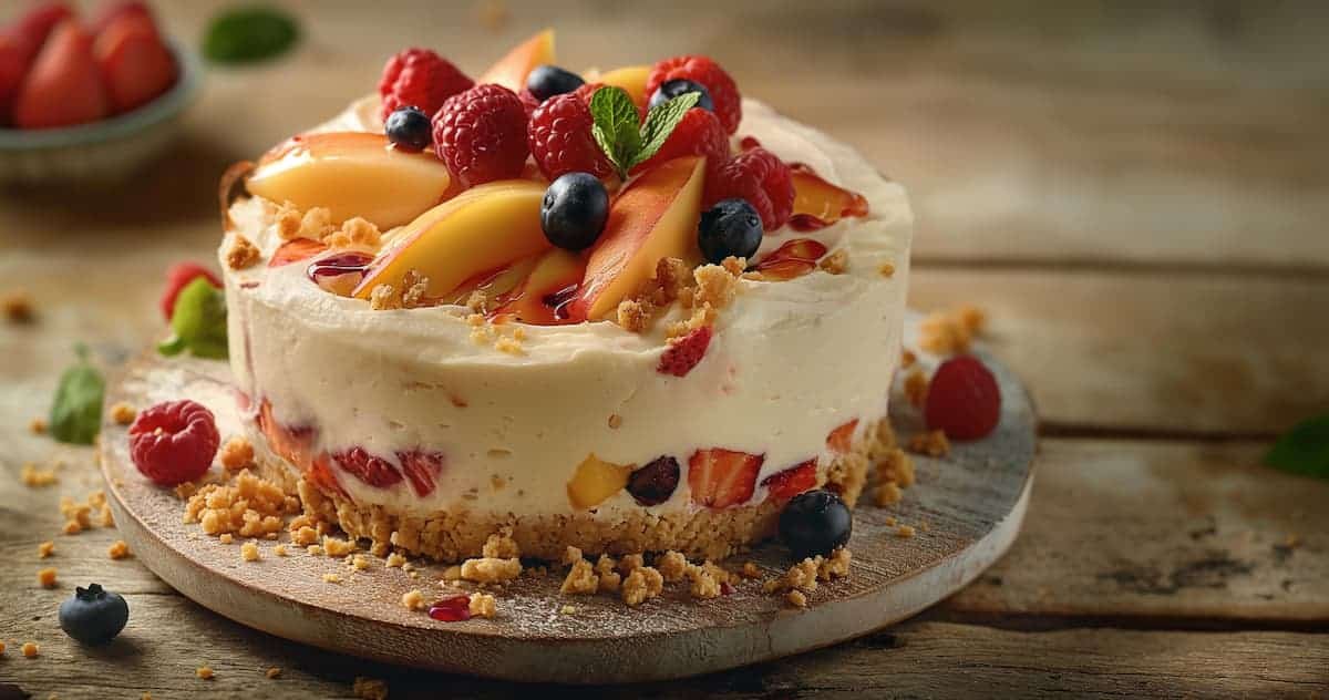 Torta estiva senza cottura decorata con frutta fresca estiva su base biscotto
