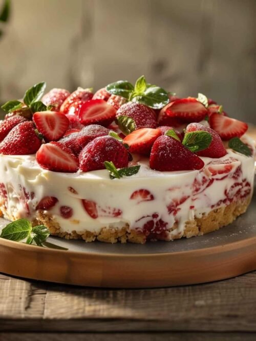 Torta fredda allo yogurt e fragole decorata con fragole fresche e foglie di menta.