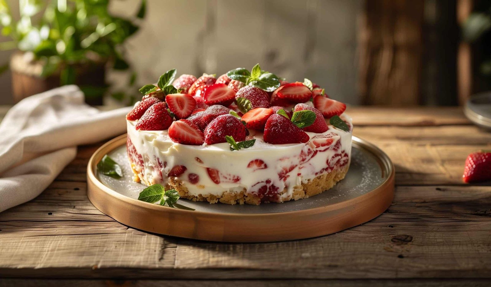 Torta fredda allo yogurt e fragole decorata con fragole fresche e foglie di menta.