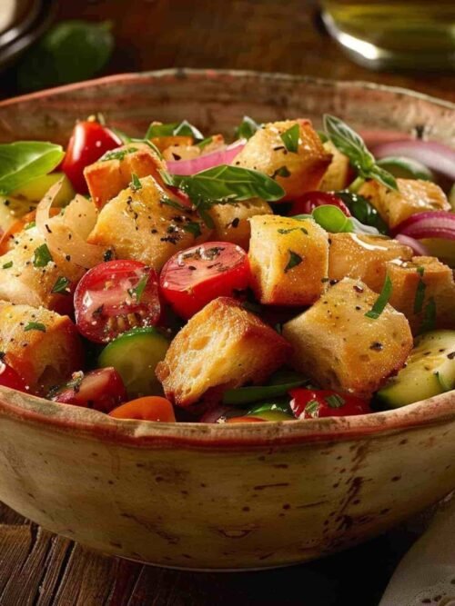 Panzanella toscana classica con pane raffermo, pomodori, cipolla rossa e basilico in una ciotola rustica.