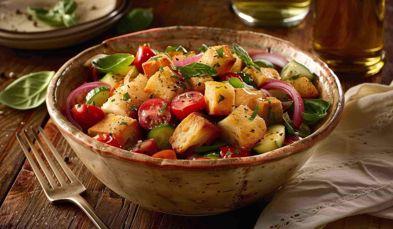 Panzanella toscana classica con pane raffermo, pomodori, cipolla rossa e basilico in una ciotola rustica.