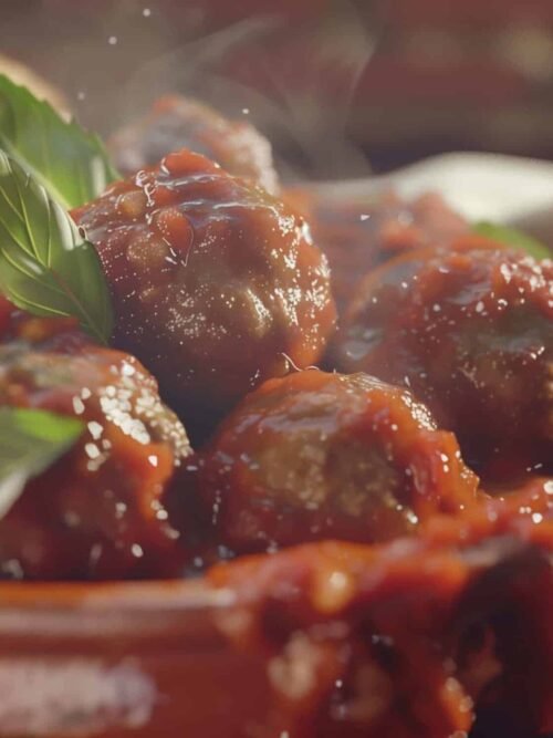 Polpette al sugo morbidissime servite in un piatto rustico con sugo di pomodoro e basilico fresco