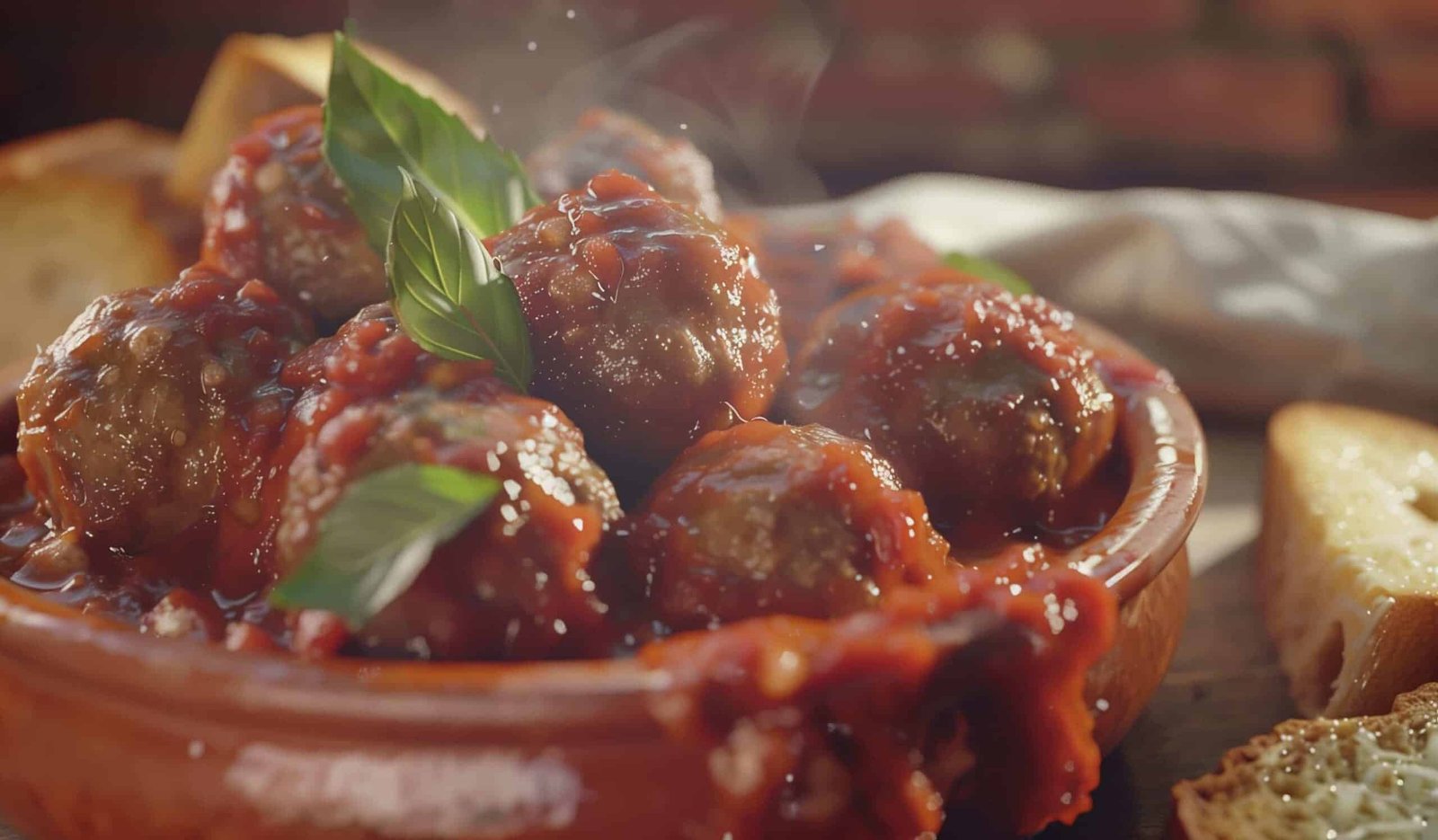 Polpette al sugo morbidissime servite in un piatto rustico con sugo di pomodoro e basilico fresco