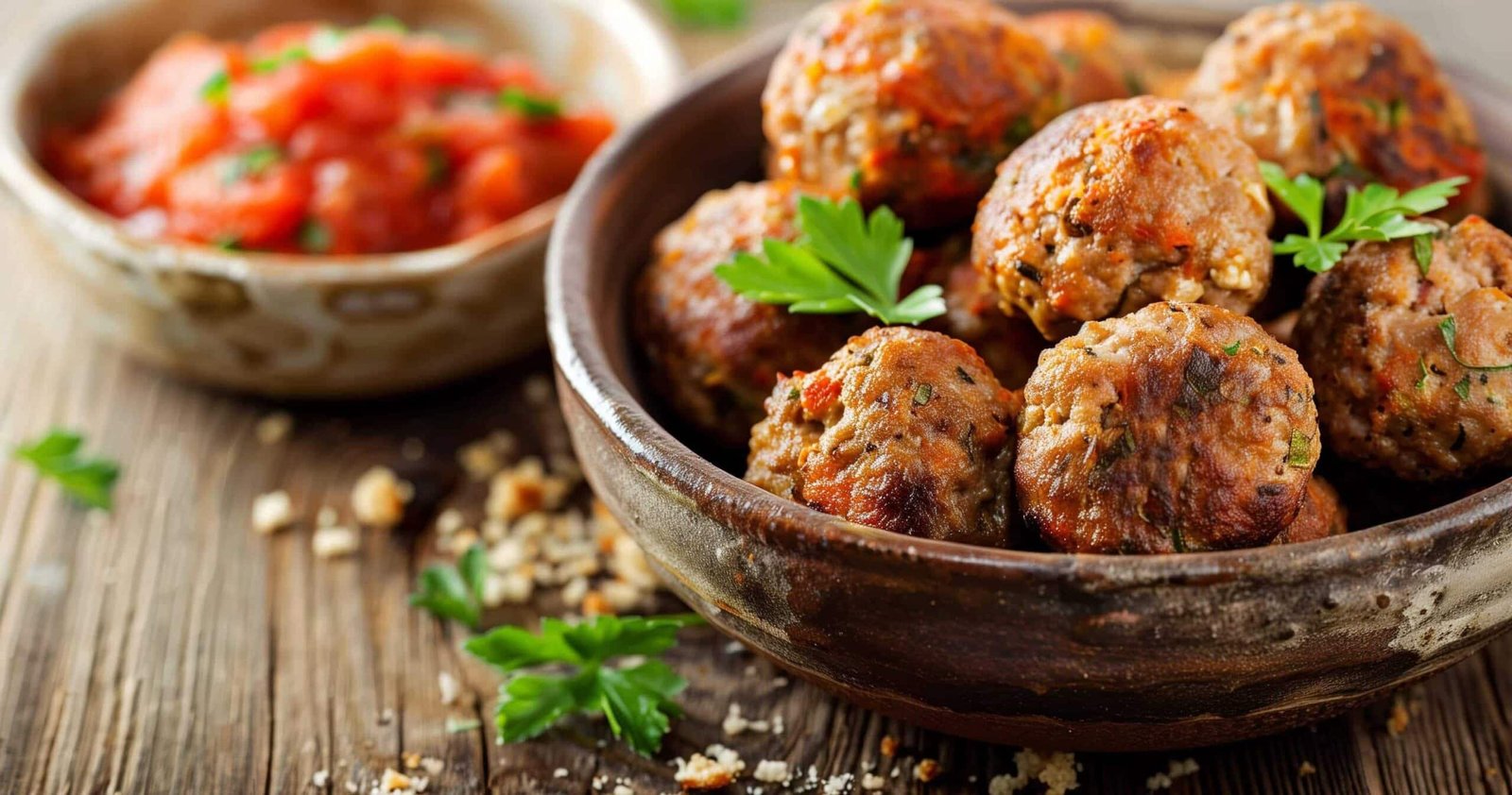 Polpette di melanzane al forno su piatto rustico in ceramica