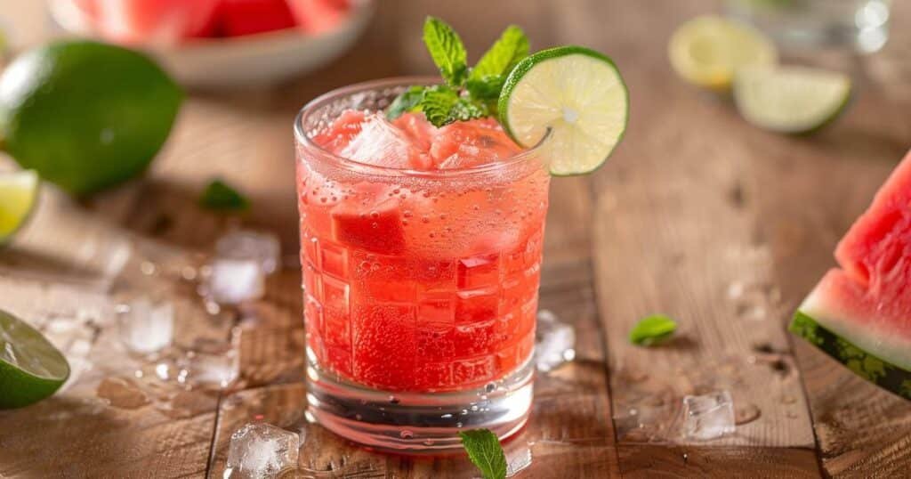 Cocktail analcolico anguria e menta in tumbler con ghiaccio, lime e bollicine di ginger beer