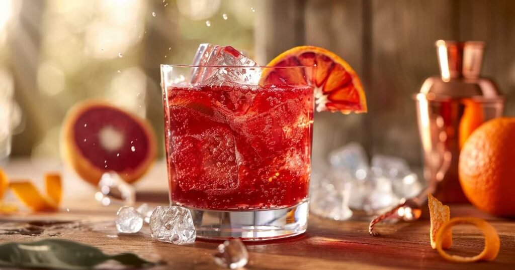 Bitter analcolico all’arancia sanguigna in tumbler con ghiaccio grande, bollicine e fetta di arancia rossa
