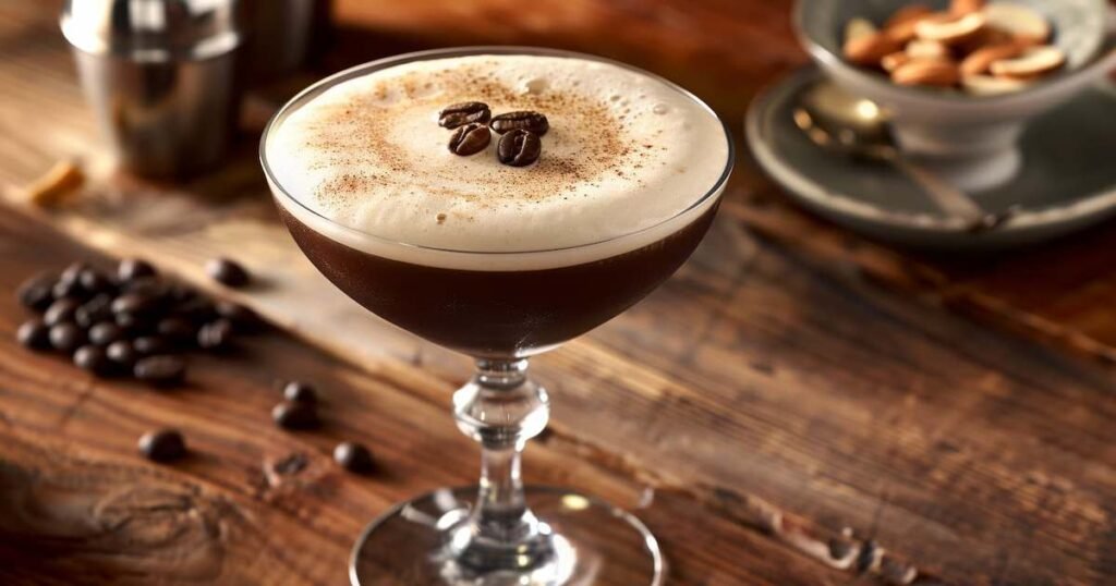 Caffè shakerato alla mandorla in coppa con schiuma setosa e chicchi di caffè