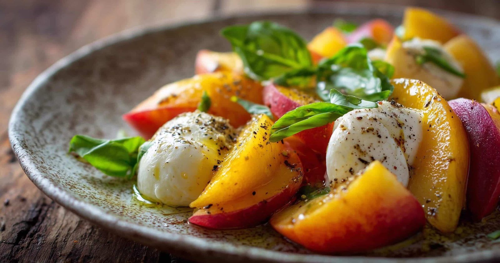 Caprese di mozzarella e pesche con basilico fresco e pepe nero servita in un piatto rustico