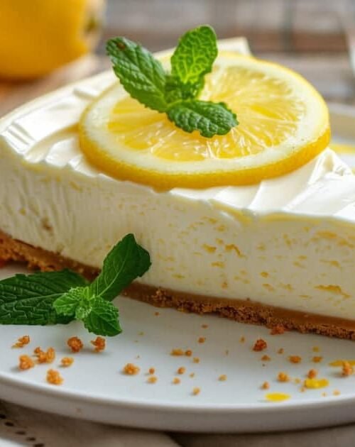 Cheesecake al limone senza cottura, fetta cremosa con base di biscotti digestive e limone