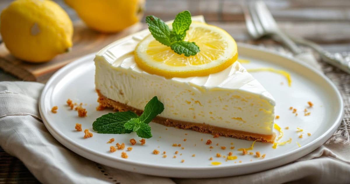 Cheesecake al limone senza cottura, fetta cremosa con base di biscotti digestive e limone