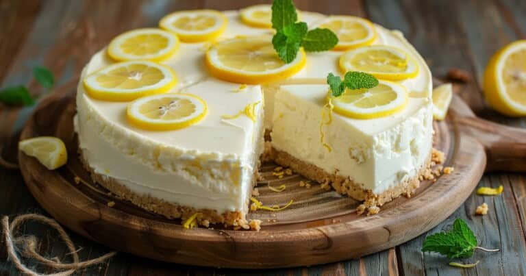 Cheesecake al limone senza cottura intera con fette di limone e menta