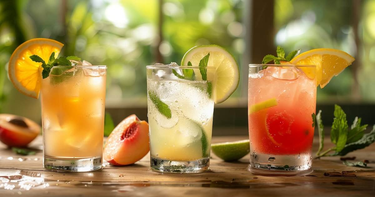 Cocktail analcolici estivi in tre calici con agrumi, lime e menta su tavolo di legno