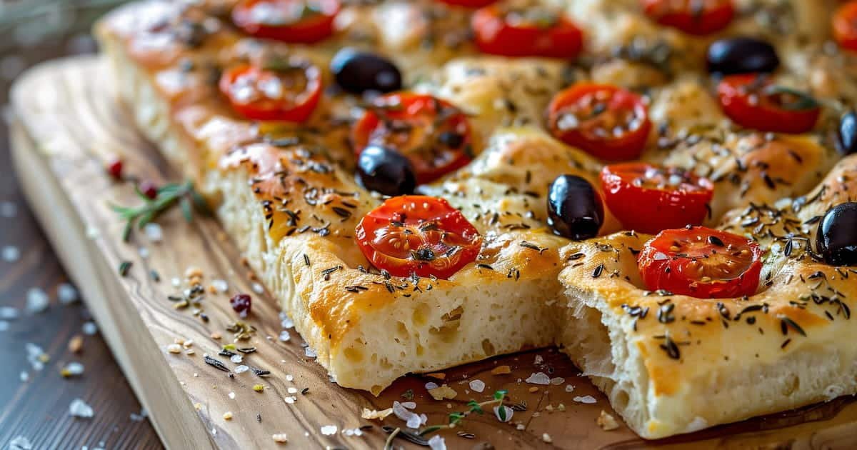 Focaccia con pomodorini morbida in teglia, alveolatura soffice e pomodorini