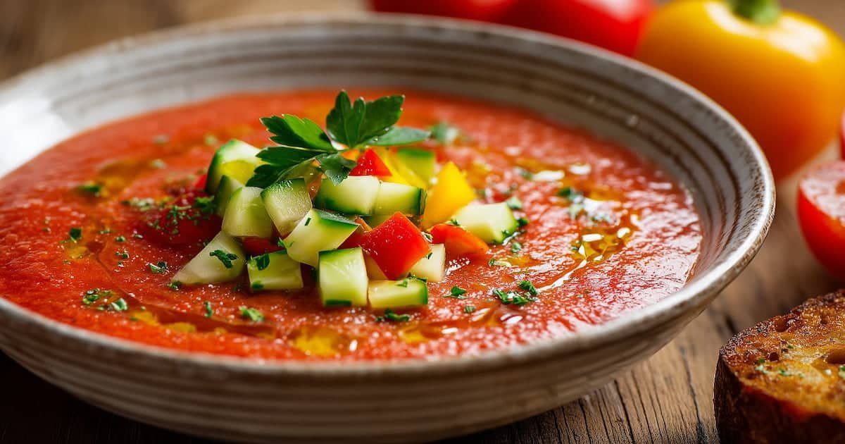 Gazpacho andaluso tradizionale servito con verdure fresche e crostini
