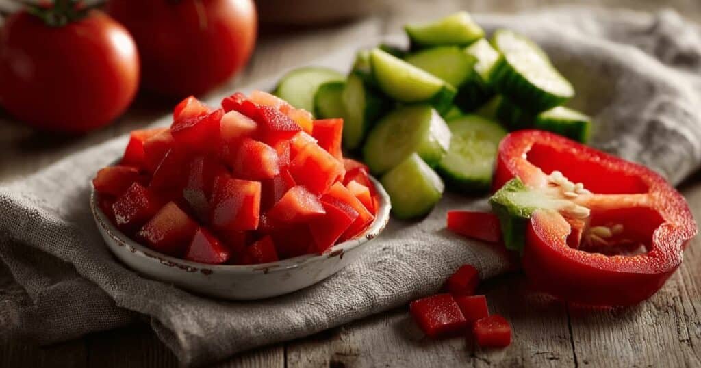 Preparare le verdure per il gazpacho andaluso: pomodori, cetrioli e peperoni tagliati freschi