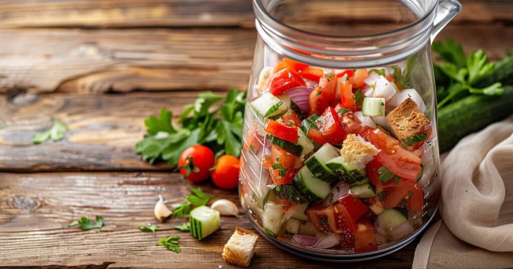 Verdure fresche e pane nel frullatore pronte per il gazpacho andaluso