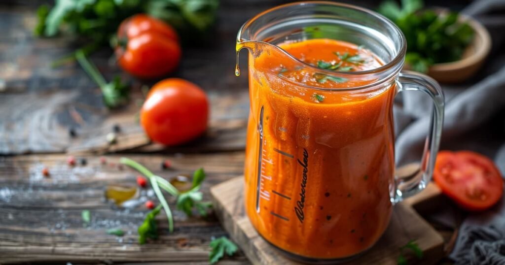 Gazpacho andaluso frullato in caraffa di vetro, pronto per essere regolato con acqua fredda e olio extravergine di oliva