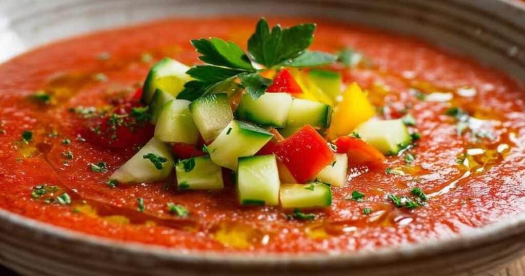 Gazpacho andaluso servito freddo in piatto fondo, guarnito con dadini di verdure fresche e un filo di olio extravergine di oliva
