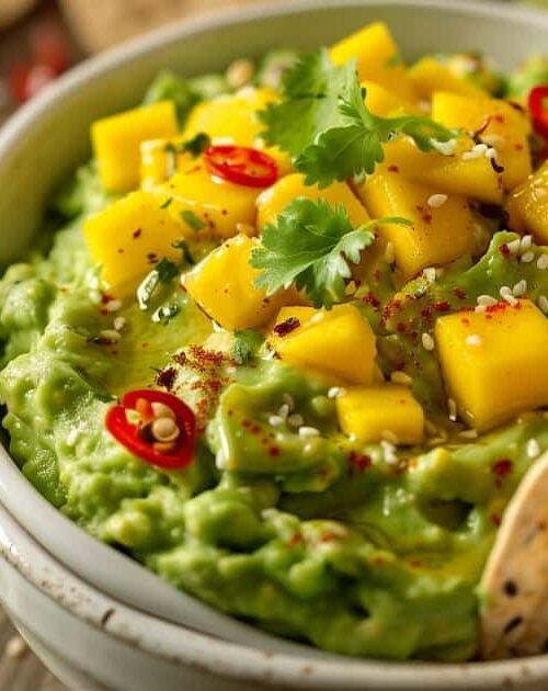Guacamole al mango cremosa con cubetti di mango e peperoncino, servita con cracker ai semi