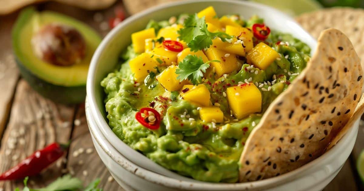 Guacamole al mango cremosa con cubetti di mango e peperoncino, servita con cracker ai semi