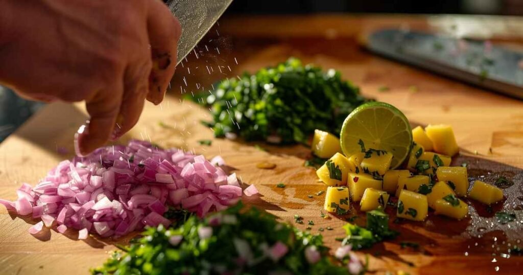 Cipolla rossa tritata, coriandolo, cubetti di mango da 5–7 mm e mezzo lime su tagliere per guacamole al mango
