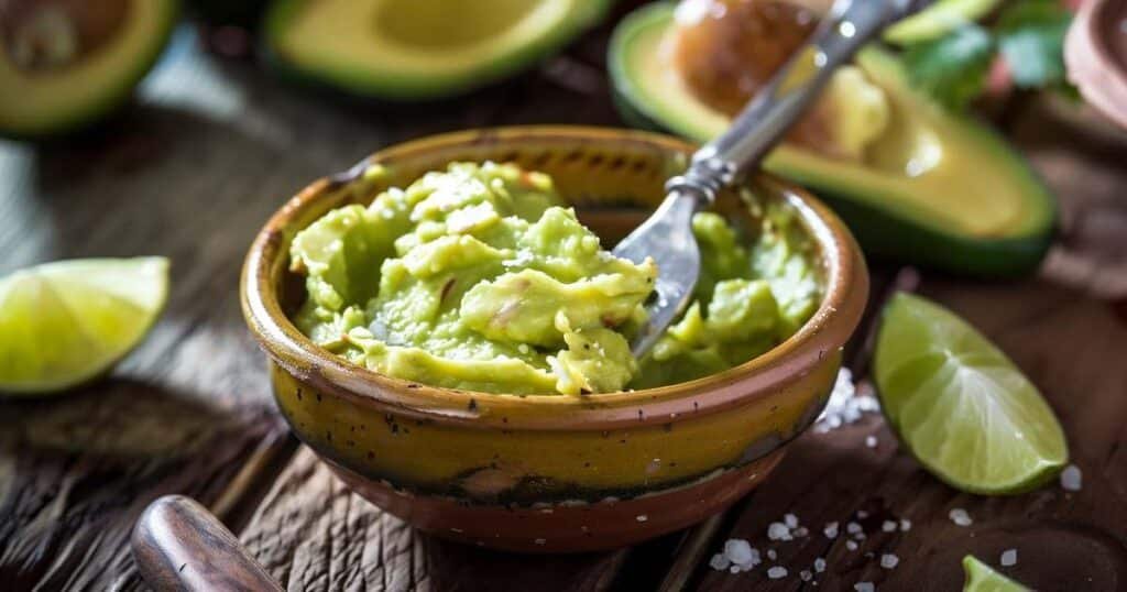 Polpa di avocado schiacciata con forchetta in ciotola rustica, con spicchi di lime: base per la guacamole al mango