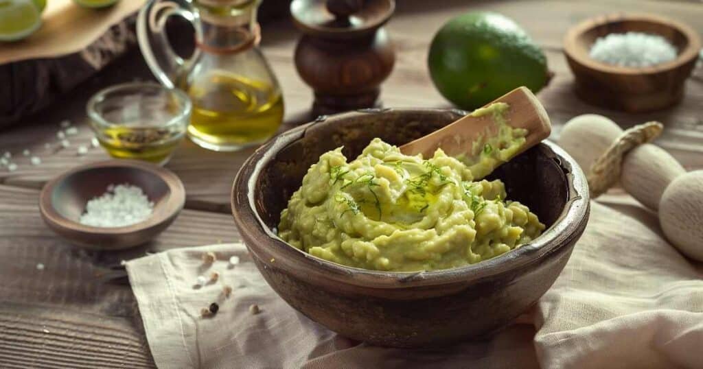 Avocado schiacciato con scorza di lime sopra e condimenti a lato (olio EVO, sale, pepe) per guacamole al mango