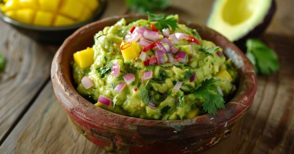 Guacamole al mango con cipolla rossa tritata e rondelle di peperoncino pronte da incorporare