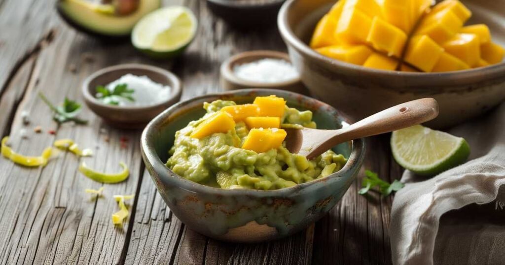 Guacamole al mango con cubetti di mango visibili mescolati delicatamente in ciotola, lime e sale sullo sfondo