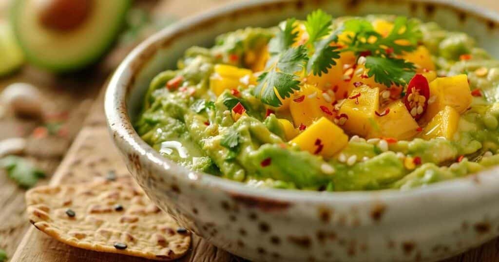 Guacamole al mango in ciotola con cubetti di mango, coriandolo e peperoncino, servita con cracker ai semi