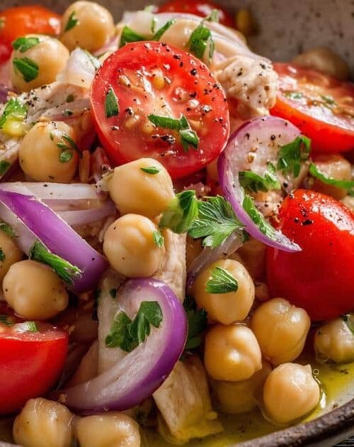 Insalata di ceci e tonno con pomodorini, cipolla rossa e prezzemolo, ricetta fresca estiva