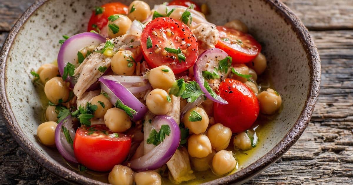 Insalata di ceci e tonno con pomodorini, cipolla rossa e prezzemolo, ricetta fresca estiva