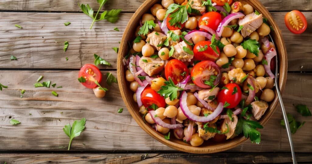 Ingredienti freschi per insalata di ceci e tonno con pomodorini e cipolla rossa in ciotola rustica