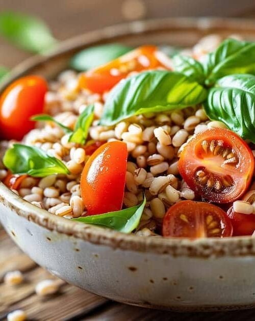 Insalata di farro fredda con pomodorini e basilico in ciotola rustica
