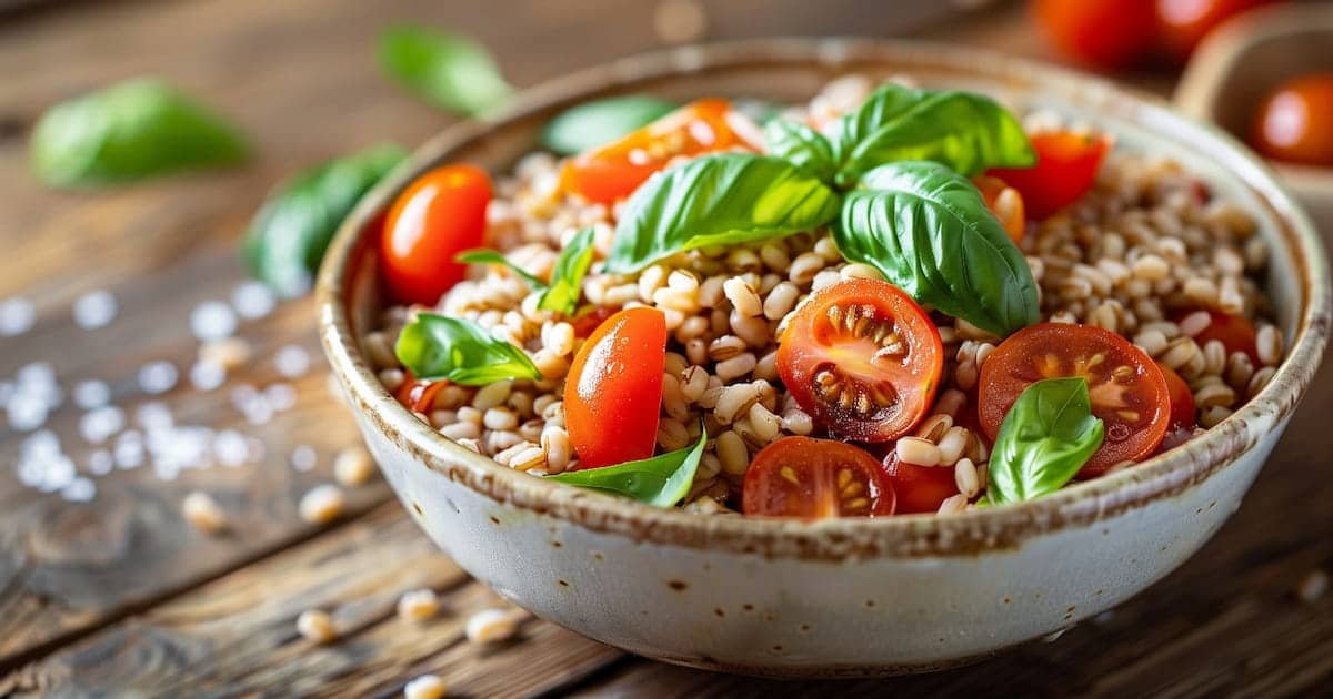 Insalata di farro fredda con pomodorini e basilico in ciotola rustica