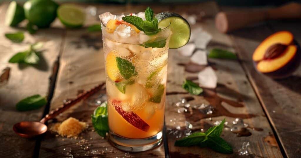 Mojito analcolico alla pesca in bicchiere highball con ghiaccio tritato, menta, fetta di lime e fette di pesca