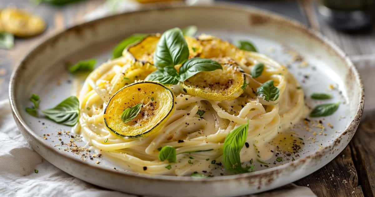 Piatto di pasta alla Nerano con zucchine fritte e basilico fresco