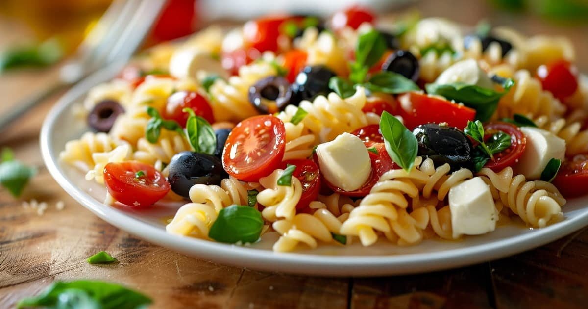 Pasta fredda alla mediterranea con fusilli, pomodorini, olive nere, mozzarella e basilico